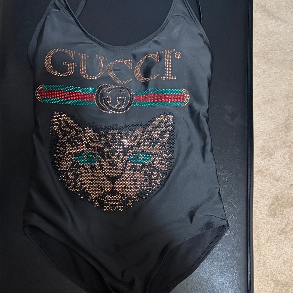 G*** Black One Piece with Embellished Cat Motif